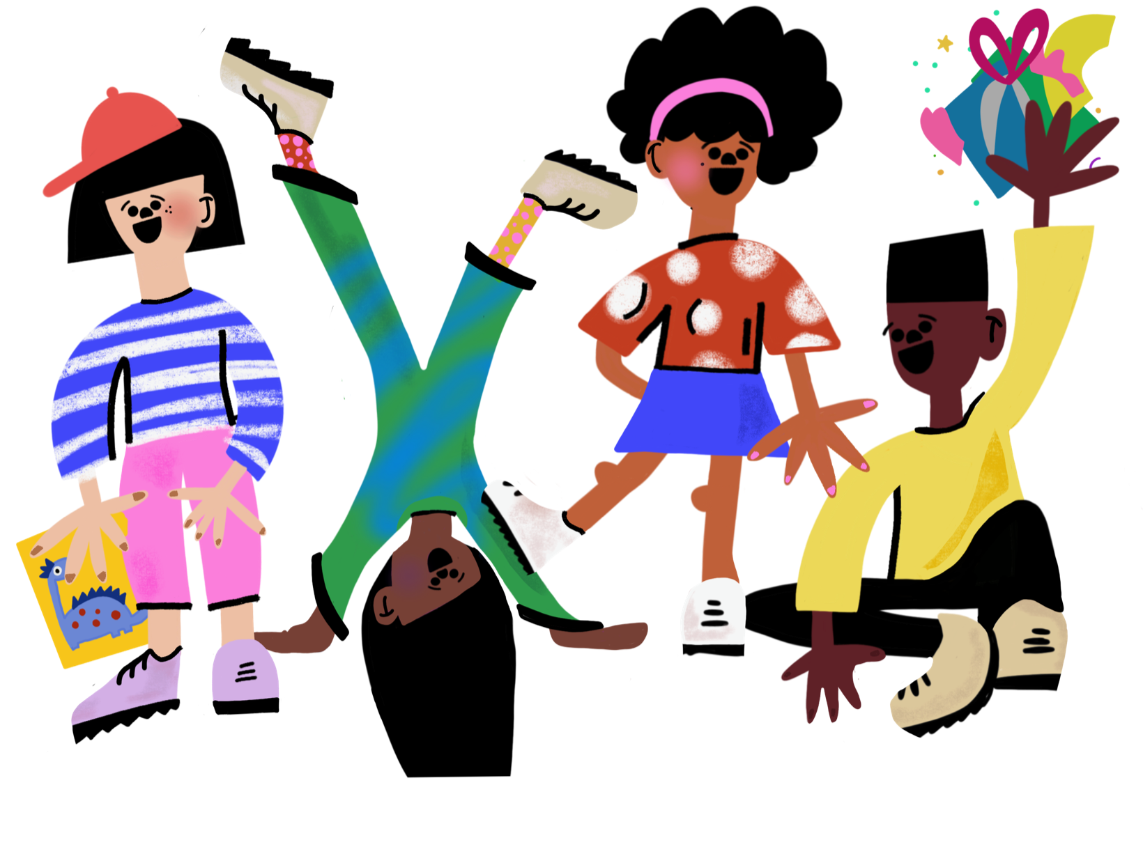 Illustration of four kids playing: one holding a dinosaur drawing, one doing a handstand, one dancing, and one tossing a wrapped present